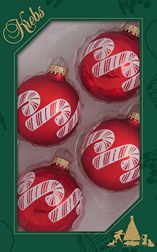 Krebs Glas Lauscha Weihnachtsdekoration/Christbaumschmuck aus Glas - Weihnachtskugeln - Motiv: Rot Zuckerstange - 4 Stück - Größe: ca. 7 cm