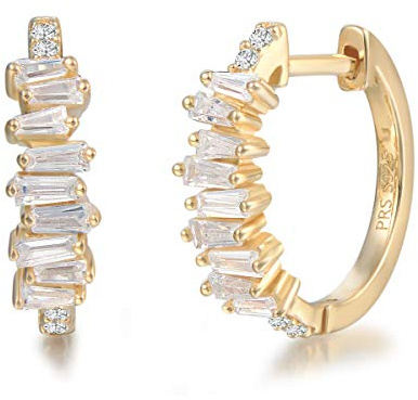 Klein Creolen Ohrringe Breite Huggie aus 925 Sterling Silber mit Gelb Gold Plattiert mit Funkelnd Zirkonia Prinzessschliff Schmuck für Damen Frauen Mädchen - Durchmesser: 16 mm, Breite 4 mm