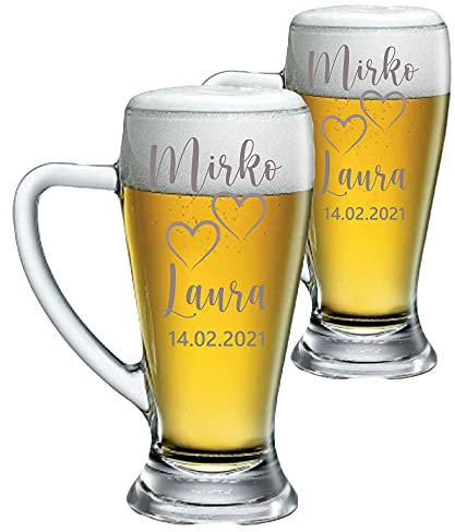 Coppia Boccali da birra Personalizzati Set da 2 Boccali da birra personalizzati con nome e data matrimonio fidanzamento - bicchiere in vetro 38 cl