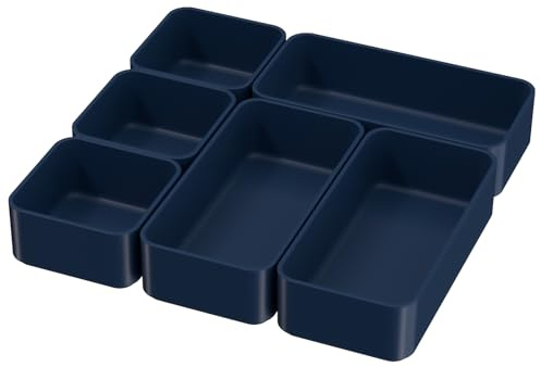 6 Pcs Stackable Drawer Organizer Set Desk Drawer Dividers, Bathroom Vanity Cosmetic Makeup Trays , Multipurpose Plastic Storage Bins for Jewelries, Kitchen Gadgets and Office Accessories, Blue