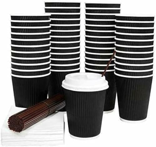 HOT BARGAINS Triple Wall Black Paper Coffee Cups with Reusable Lids, 12oz/360ml Disposable Ripple Cups, Pack of 50