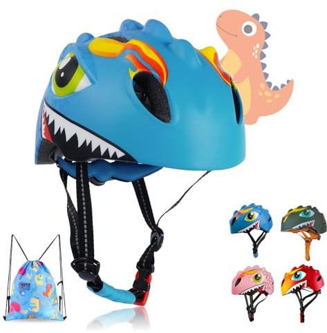 Casco de bicicleta para niños pequeños con diseño de dinosaurio 3D, equipo de protección deportivo y certificado de seguridad para niñas de 3 a 8 años, casco de bicicleta, patinaje, monopatín (azul)