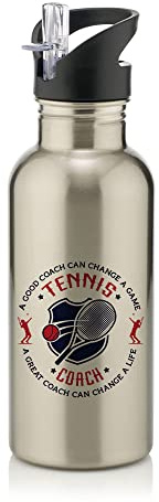 Best Coach Gift, Tennis Coach Gift, A Good Coach Can Change a Life, Christmas, Tennis Game Gift Stainless Steel 600ml Water Bottle with Straw. (Silver)