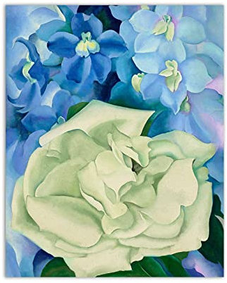 OZOOPY Georgia O'Keeffe Berühmte Leinwand Bilder Weiße Rose mit Rittersporn Bild Druck auf Leinwand Reproduktion auf Leinwand Wohnzimmer Wandkunst Gemälde Wandbilder 30x40cm(12x16in) Rahmenlos