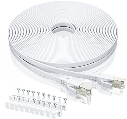BAHIWOM Cat8 Ethernet-Kabel 20m mit Clips, 40 Gbit/s 2000 MHz Cat 8 Lan Kabel-Netzwerkkabel Gigabit RJ45 Patchkabel, Flach Internetkabel Kompatibel mit Router, mit Modem, mit PC, mit Laptop - Weiß