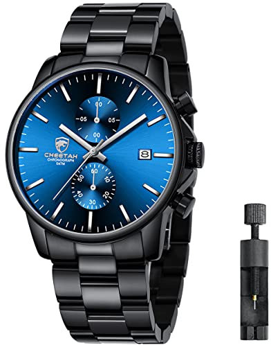 Affute Uhren Herren mit Edelstahl und Metall, Leger, Wasserdicht, Chronograph, Quarzuhr, Automatisches Datum, Bunte Zeiger Armbanduhr Herren - Schwarz Blau