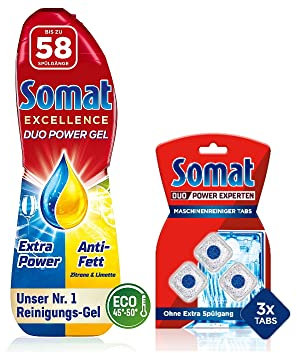 Somat Excellence Duo Power Gel Zitrone &,Limette 58 WL & Somat 5in1 Additive Maschinenreiniger Tabs Anti-Kalk (3 WL), monatlichen Gebrauch,