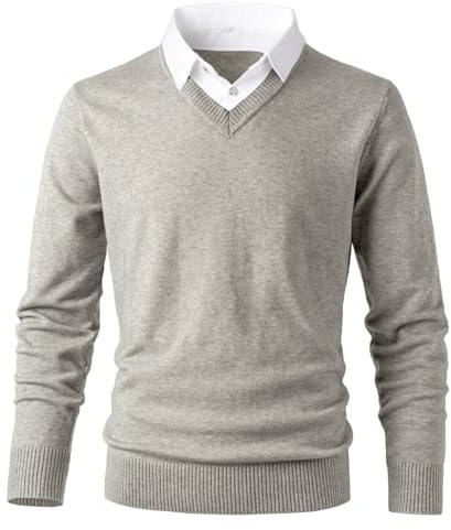 Herothorn Stickad tröja för män mode pullover mjuk touch v-ringad tröja topp med falsk skjorta krage, Begie, L