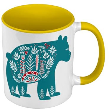 Tasse, Farbe Premium Gelb – Bär, Motiv Weihnachten, Stechpalme, Weihnachtsbaum, Winter, Schnee, Tasse mit Henkel und farbigem Innenfutter