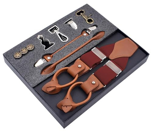 MIBSH Hosenträger Suspender Herren Vintage Leder Hosenträger Clip Button Haken Hosenträger Verstellbare Elastische Hosenträger