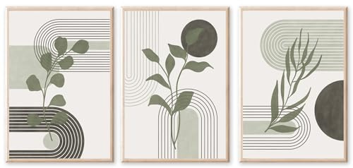 JINZUNRUI JZR Boho Poster, 3er Set Abstrakt Grün Blätter Moderne Bilder Wohnzimmer Deko Schlafzimmer, Pflanzen Kunstdruck Leinwandbild, Wandbilder Deko, Ohne Rahmen-50x70cm