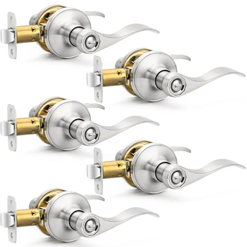 Lot de 5 poignées de porte en nickel brossé, leviers de porte d'intimité, serrures de porte intérieures de lit et de salle de bain, réversibles sans clé