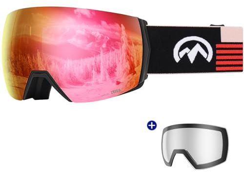 OutdoorMaster Ultra Ski Goggles Lens by ZEISS, OTG Snowboard Goggles Anti-fog Wide View, Magnetic Interchangeable Lens, Snow Goggles for Men & Women(RubyRed Vlt 41% + ClearLens)