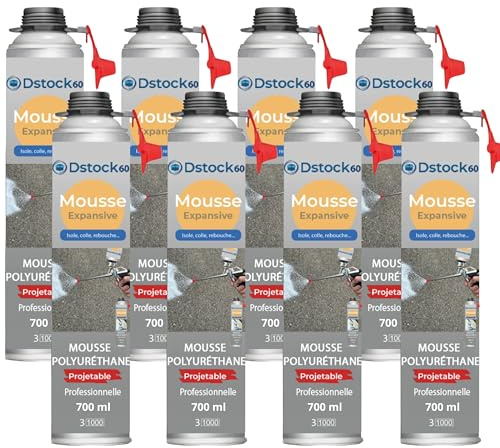 DSTOCK60 – Lot de 8 - mousse expansive polyuréthane projetable – 700 ml – avec applicateur - compatible multi-surfaces - application facile et rapide
