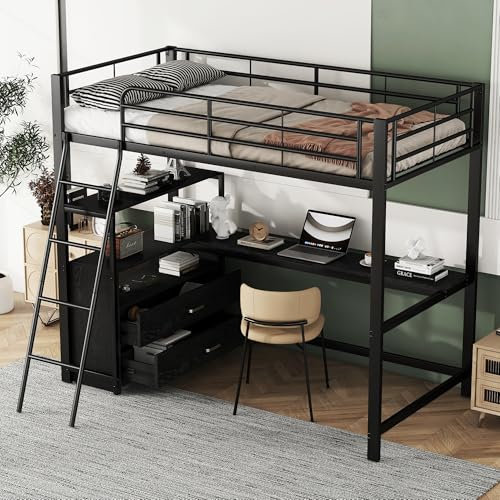 Aoskem Kinderbett Hochbett 90x200, Etagenbett Hausbett mit Stauraum, Schubladen & Tische & Regale, Einzelbett Metallbett Bettgestell mit Rausfallschutz & Lattenrost, Jugendbett, Ohne Matratze, Schwarz
