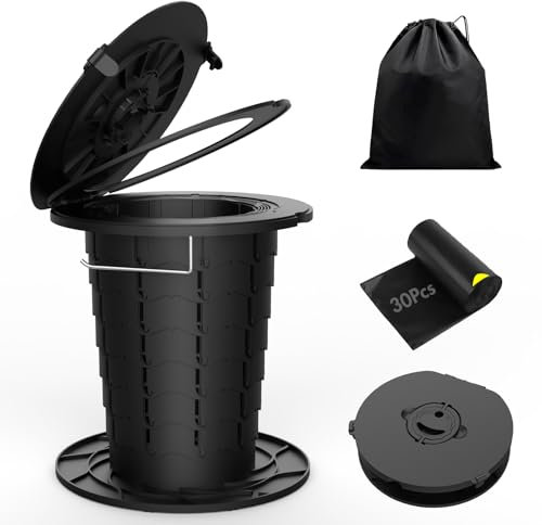 Verbesserte tragbare Toilette für Frauen und Kinder: einziehbare faltbare Campingtoilette mit 30 Abfallbeutel und Papierhalter, 34 cm, faltbares, tragbares Töpfchen, 150 kg, Outdoor-Reisetöpfchen für