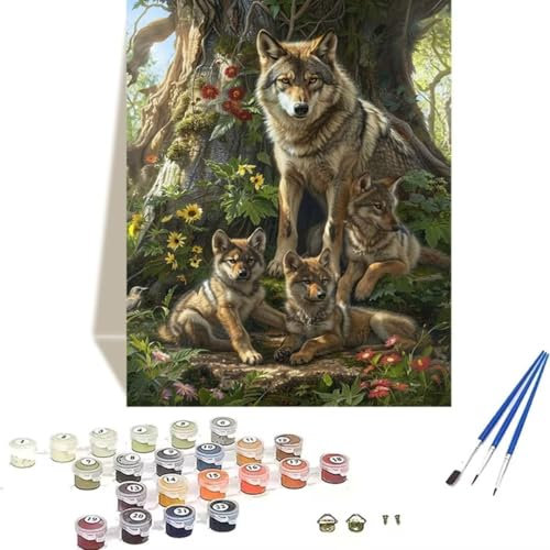 LUOLYYEI Malen nach Zahlen für Erwachsene, Motiv: Wald, Malen Nach Zahlen Kinder Einfaches Wolf DIY-Ölgemälde-Set auf Leinwand mit Pinseln und Acrylpigment für Home Decor, Ohne Rahmen 30x40cm K-E