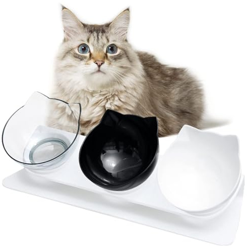HTRTRR Bols pour Chat 3-en-1 avec Inclinaison 15°, Antidérapants et Stables, 3 Gamelles pour Nourriture et Eau, Double Bol Antiglouton pour Petits Animaux, Faciles à Nettoyer