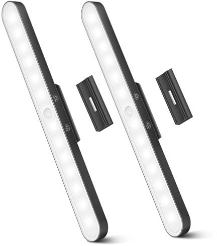 Under Cabinet Kitchen Lights, 6000K Dimmable Wireless Motion Sensor Wall Lights, USB-C 2500mAh Rechargeable Battery Operated LED Lights Indoor for Kitchen, Cupboard, Wardrobe, Stair and Mirror, 2 Pack