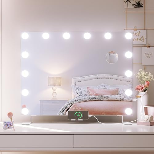 SONNI Hollywood Spiegel 80x60 cm mit Anti-Kipp-Schutz, USB & Handyhalter | HD-Spiegel mit Memory. 14 LEDs, 3 Lichtfarben & dimmbar. Inkl. 10x Vergrößerung. Stabil & ideal für den Schminktisch