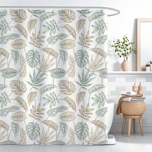 WYRCFS Cortina de ducha de 180 x 200 cm, con diseño de hojas verdes, antimoho, resistente al agua, cortinas de baño de tela de poliéster, cortinas de ducha con peso con 12 ganchos