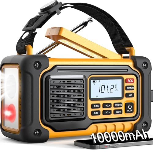 Emergency Weather Radio, AM/FM/SW/NOAA Hand Crank Radio with 37000mWh/10000mAh Portable Large Capacity, USB/Solar/Hand Crank Charging, AAA Battery Operated, SOS Alarm & Flashlight (Yellow)