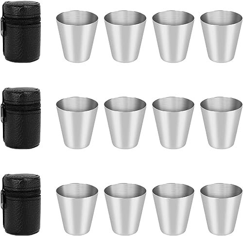 MINISOISO 12 Piezas 30ml Vasos de Chupito de Acero Inoxidable, Vasos Chupito de Metal Apilable y Portátil, con Estuche de Cuero, para al Aire Libre Acampar Senderismo
