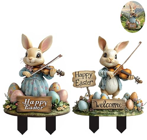 Nlqhyrexion 2 Stück Gartenstecker Ostern, 2D Ostern Schild Wetterfest, Acryl Osterhase Werbeschilder Deko, Frühlingsdeko, für Draußen Outdoor Garten