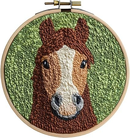 GLLBTPT Punch Needle Kit für Erwachsene Anfänger - Cartoon Blumenmuster DIY Stickerei Set, Enthält Bedrucktes Tuch, Baumwollfaden Pack, Stanznadel, Rahmen & Anleitung (Pferd)