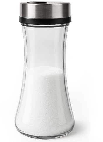 Loscarol Glass Sugar Dispenser with Adjustable 3-Hole Lid – 7 oz Sugar Shaker Jar for Coffee Bar, Tea & Baking – Airtight Glass Container with Smooth One-Handed Pour – Kitchen Countertop Accessory