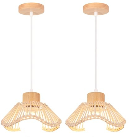 LIGKIN 2 Pezzi Vintage Lampade a Sospensione in Bambù Intrecciato a Mano Lampadario E27 Paralume in Rattan Luce da soffitto Legno per soggiorno Ristorante