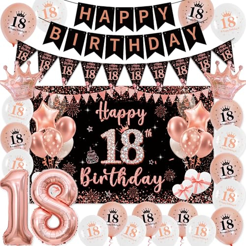 Deko 18 Geburtstag Mädchen Roségold Schwarz - Happy Birthday Banners Girlande Wimpel, Große Happy 18. Birthday Banner (100 x 64cm) und XXL Zahlen Luftballon für 18 Jahre Geburtstagsdeko Party