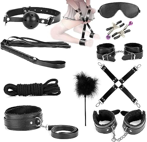 QiKKago Juego De 10 Piezas De Cuero Negro para Ejercicios AeróBicos En Interiores, con Cuerda Manual Y Venda para Los Ojos para Dormir, Experiencia De SudoracióN - D3