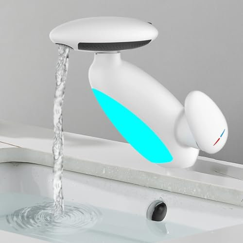 Waschtischarmatur Waschbecken Wasserhahn Bad Ausziehbar 360° Drehbar 4 Modi Wasserfall Warm und Kalt Keramik Ventilkern für Waschbecken Badezimmer (weiß)