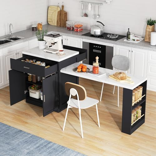 NNJN Isla de cocina con mesa de comedor extensible para 4-6 personas, mesa de cocina bicolor con enchufe, armario de almacenamiento, 2 cajones, 2 estantes abiertos a los lados