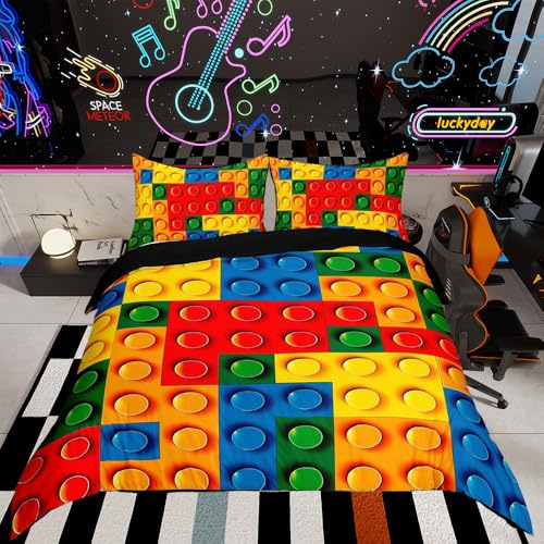 richhome Toddler Building Blocks Duvet Cover King Size Kids Toy Brick Bedding Set for Boys Teens Games Breathable Colorful Comforter Cover Set Room Decor