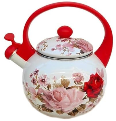 Bouilloire sifflante vintage en émail, bouilloire en acier émaillé, théière florale avec poignée froide au toucher, bouilloire de camping pour cuisinière, 2,2 L(Rouge)