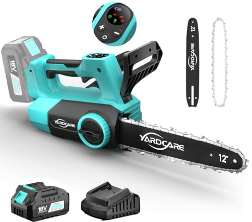 YARDCARE Tronçonneuse sans fil 12 pouces, moteur brushless 1200W, batterie 4Ah, écran LED, tension de chaîne sans outil, lubrification automatique et protection anti-rebond, vitesse de coupe 15 m/s