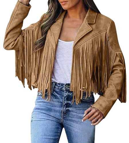 Vestes courtes en daim pour femmes, mode automne, tenues en cuir à franges, manteaux de moto cowgirl, kaki foncé, moyen