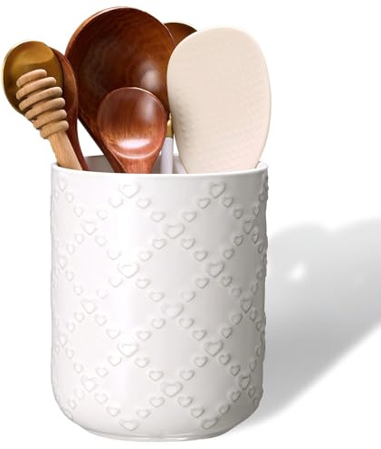 mehrido Kitchen Utensil Holder, 6.1 inch Ceramic Cooking Utensil Holder, Cream Utensil Crocks for Kitchen Counter, Heavy-Duty Farmhouse Utensils Organiser