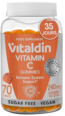 VITALDIN Gommes Vitamine C 240mg Enfants et Adultes - 70 gommes. | Gummies Véganes sans Sucre ni Gluten avec 240 mg de Vitamine C; Renforcent l'Immunité et Réduisent la Fatigue; Orange.