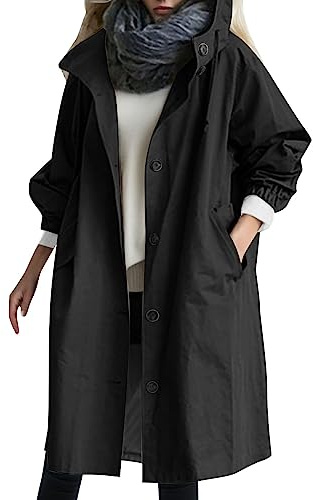 Fulidngzg Cappotto Donna Invernale Lungo con Cappuccio e Bottoni Giacca Primaverile a Vento Leggero Elegante Trench Spolverino Autunno Curvy Casual per Mezza Stagione Lavoro,Nero,M