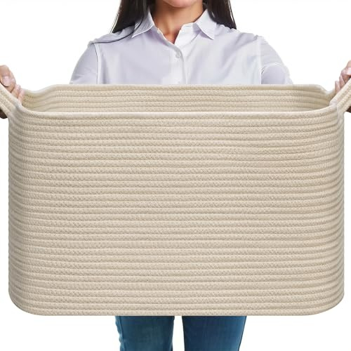 JOJOSEE Faltbarer Wäschekorb, 63L Aufbewahrungskorb Beige | Geflochten Aufbewahrungskorb mit Henkel, Laundry Baskets aus Baumwolle, Ideal für Decken, Kleidung, Kuscheltier, Spielzeug