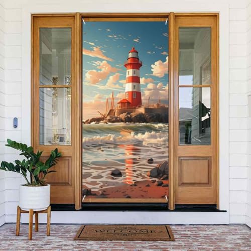 Sea Lighthouse Wiederverwendbare Türabdeckung Banner Türvorhang für Innen- und Außendekoration, einfach aufzuhängen, Haustürdekoration für Partys, Geburtstage und Feiertage