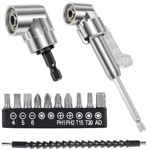 4 Pack 105 Degree Right Angle Drill Adapter Set, Impact Drive and Magnetic Screwdriver Socket Drill Bit Corner Tool Screw Hub (Short+ Long) and Flexible Angle Extension Bit for Narrow Spaces