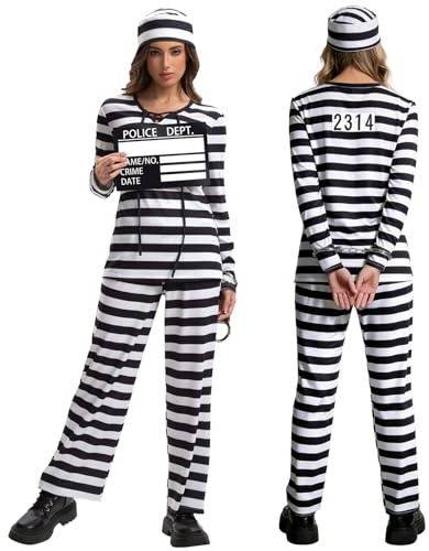 Charmofun Déguisement Prisonnier Femme, Costume Prisonnier Femme Déguisement de Détenue Adulte avec Haut et Pantalon Rayés, Menottes et Plaque d’Identité pour Carnaval et Halloween (S)