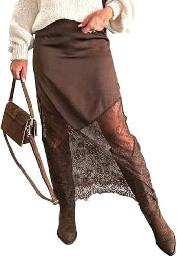 Pinclodly Womens Skirts Midi Length Lace Patchwork Maxi Skirts Y2K High Waist Silk Satin Skirt Summer Loose A-line Lace Skirt