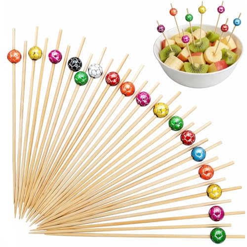 YTAXYZWR Palillos para Aperitivos 100 Unidades, brochetas de bambú con Adorno fútbol, 12 cm, Palillos Decorativos Coloridos para Snacks, cócteles y Fiestas temáticas Deportivas