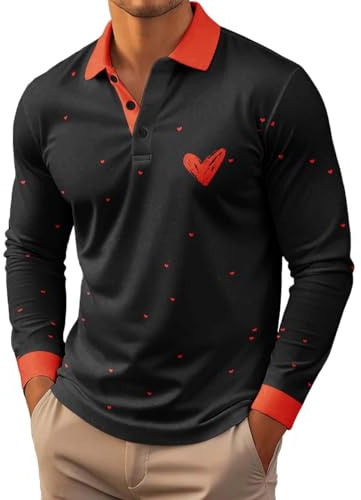 RUMAOZIA Chemise de Saint-Valentin pour homme - Polo classique en coton à manches longues - T-shirt de golf à manches longues - Costume de Saint-Valentin - Chemise de golf avec cœur - Chemise à