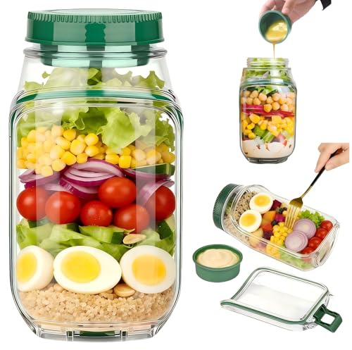 Paquete de 1 tarro para ensalada con apertura lateral, contenedor portátil para ensalada con compartimento hermético, diseño de capas verticales, ensaladera para el almuerzo, adecuado para el hogar